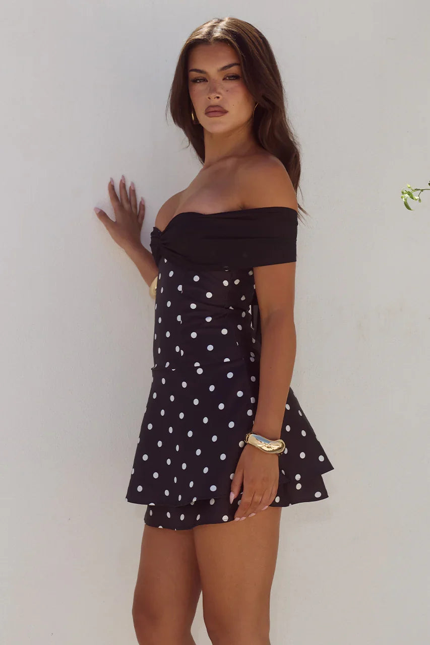 KADIE OFF SHOULDER MINI DRESS BLACK WHITE POLKA
