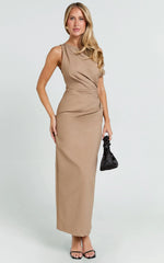 Alexandria Midi Dress Tip Shoulder Draped Fitted Dress in Mocha