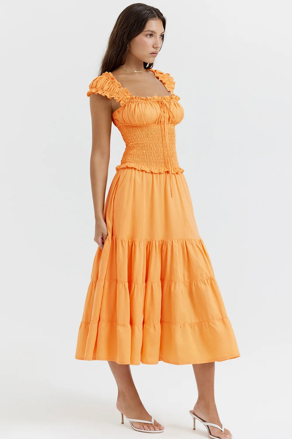 tangerine shirred sundress