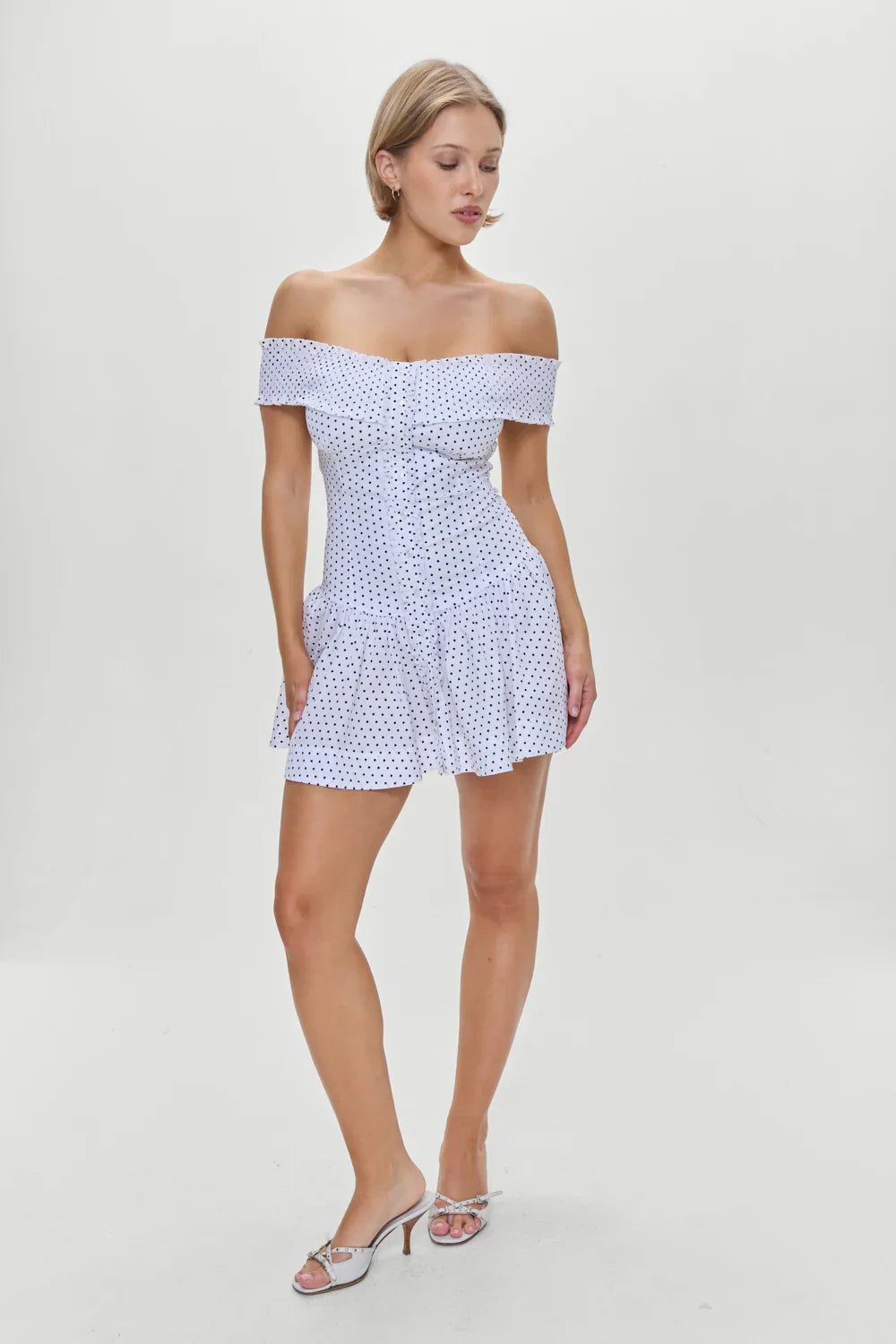 Mae Off Shoulder Mini Dress White Polka Dot