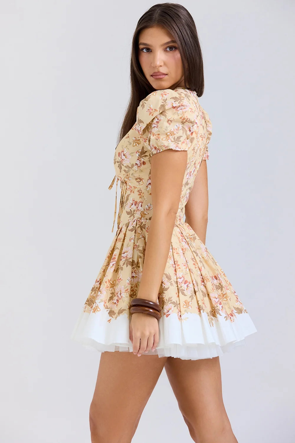 honeyflower print pleated cotton mini dress