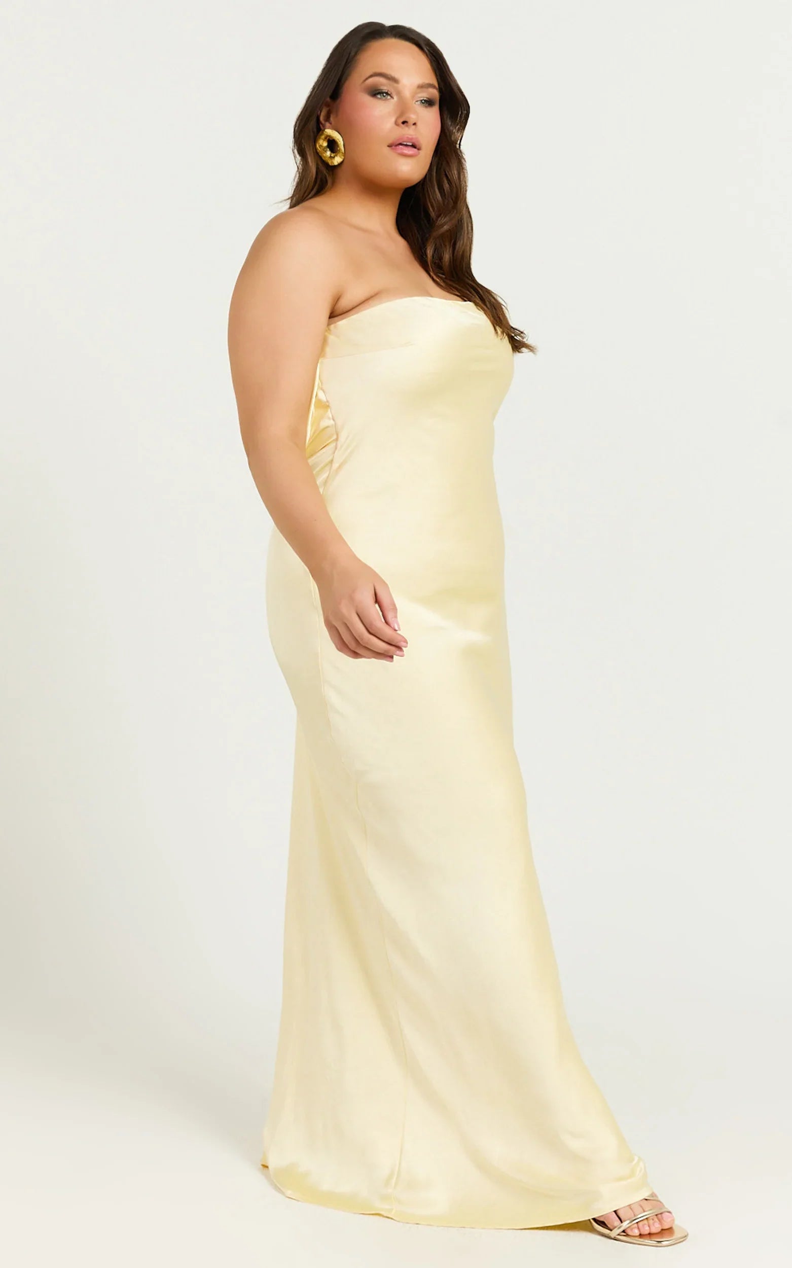 Charlita Maxi Dress Strapless Cowl Back Satin Dress in Butter Yellow
