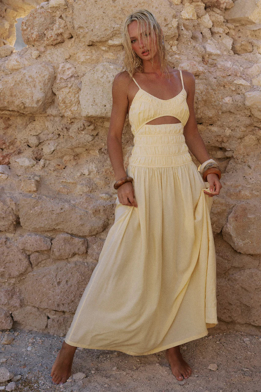 ADORA STRAPPY SHIRRED MAXI DRESS LEMON