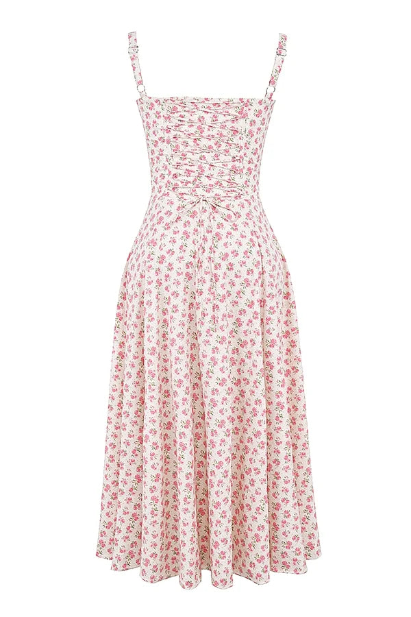 white rosebud print cotton bustier sundress