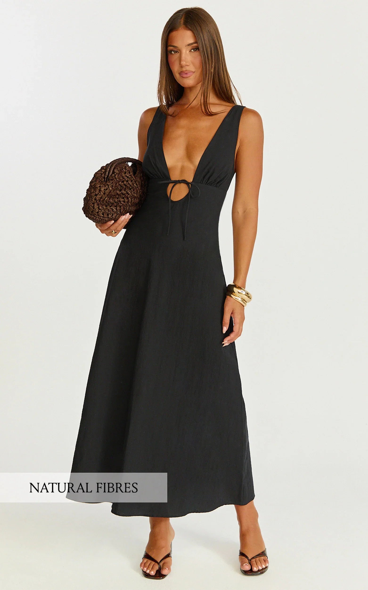 Silvena Midi Dress Plunge Neckline Tie Front A Line Dress in Black