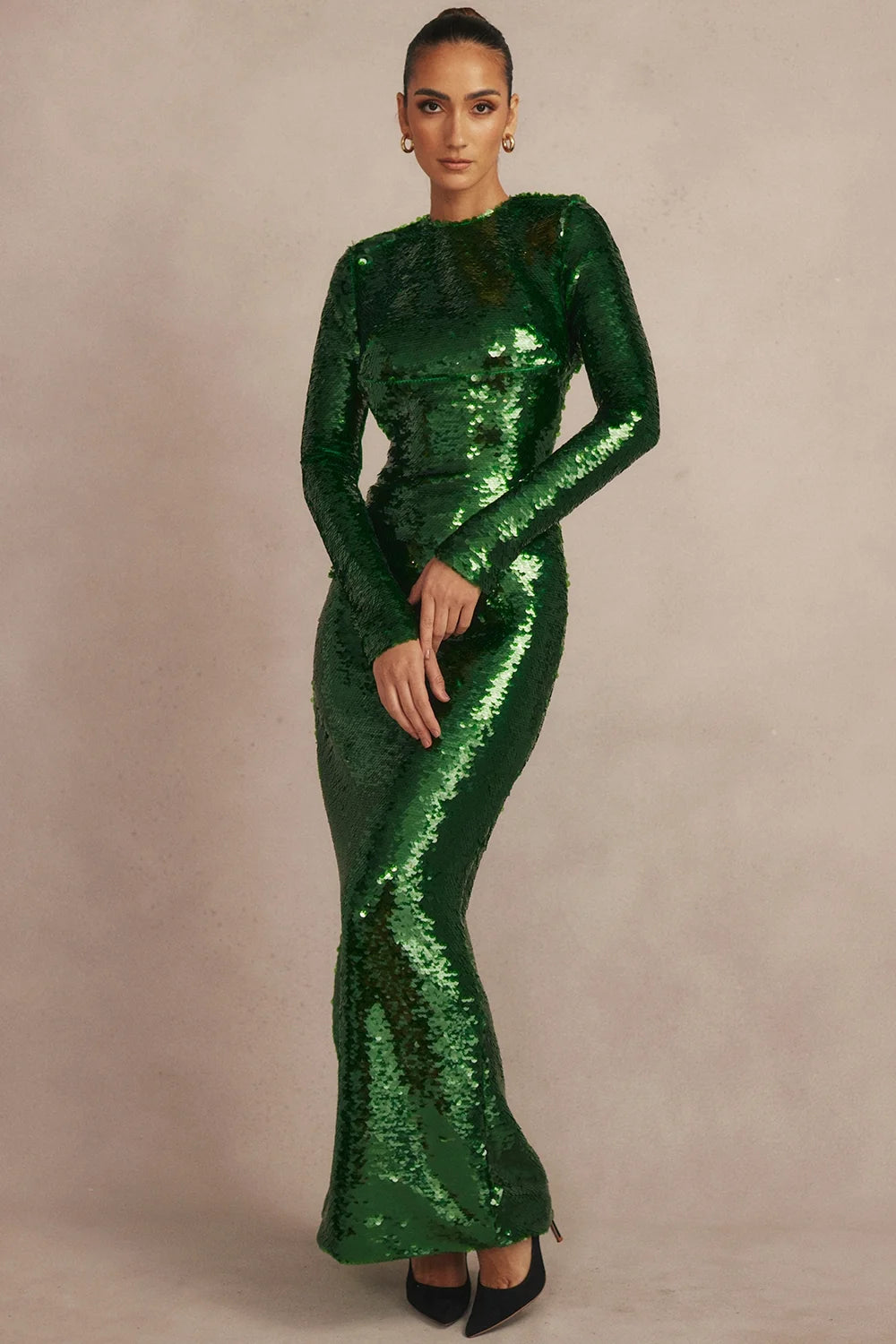 pine green sequin maxi dress