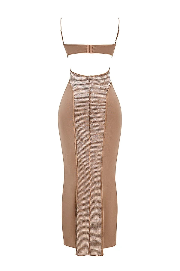 cafe au lait sequin maxi dress