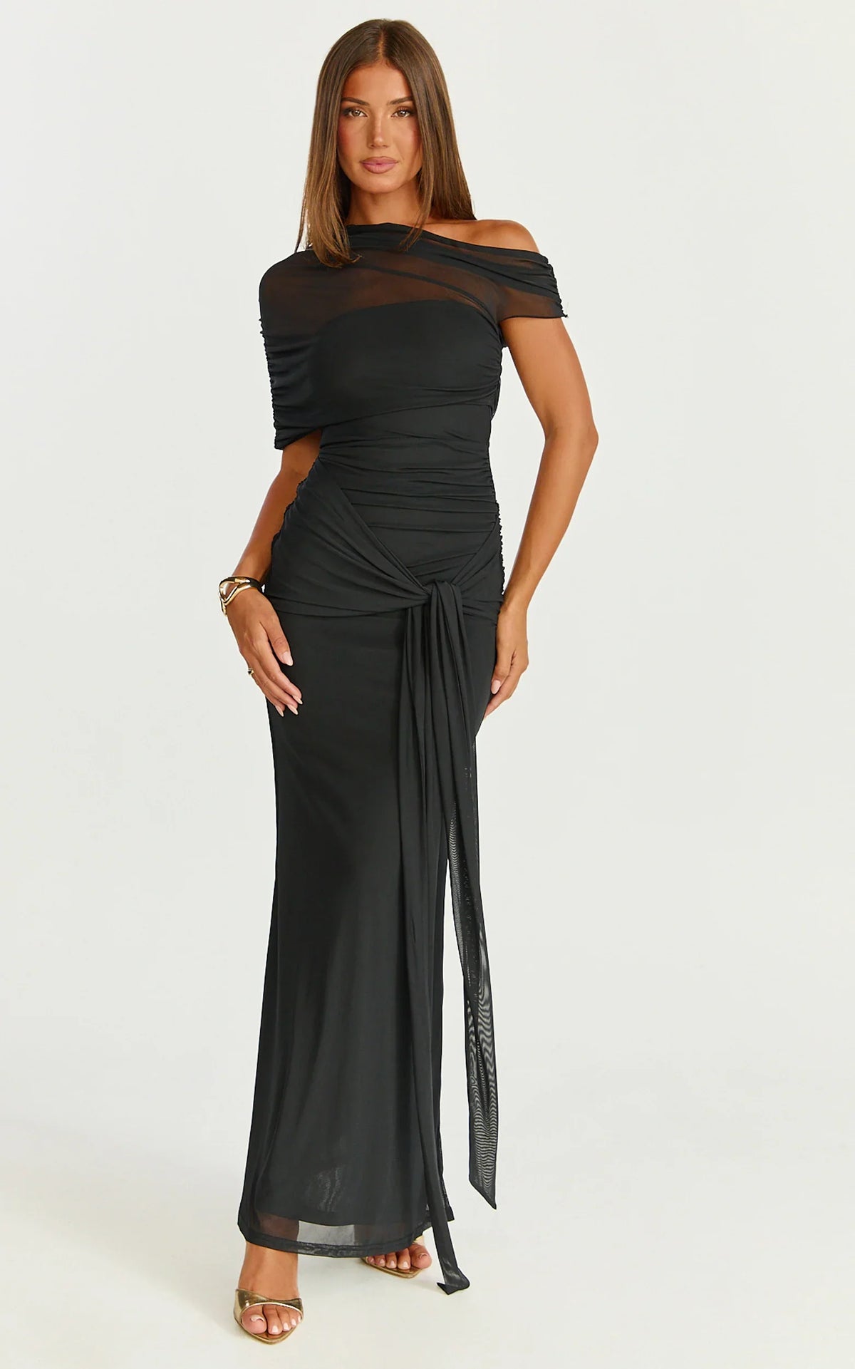 Nicolette Maxi Dress Cape Sleeve Off Shoulder Dress in Black