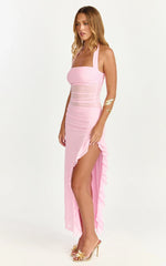 Almarie Midi Dress Halter Neck Mesh Dress in Pink