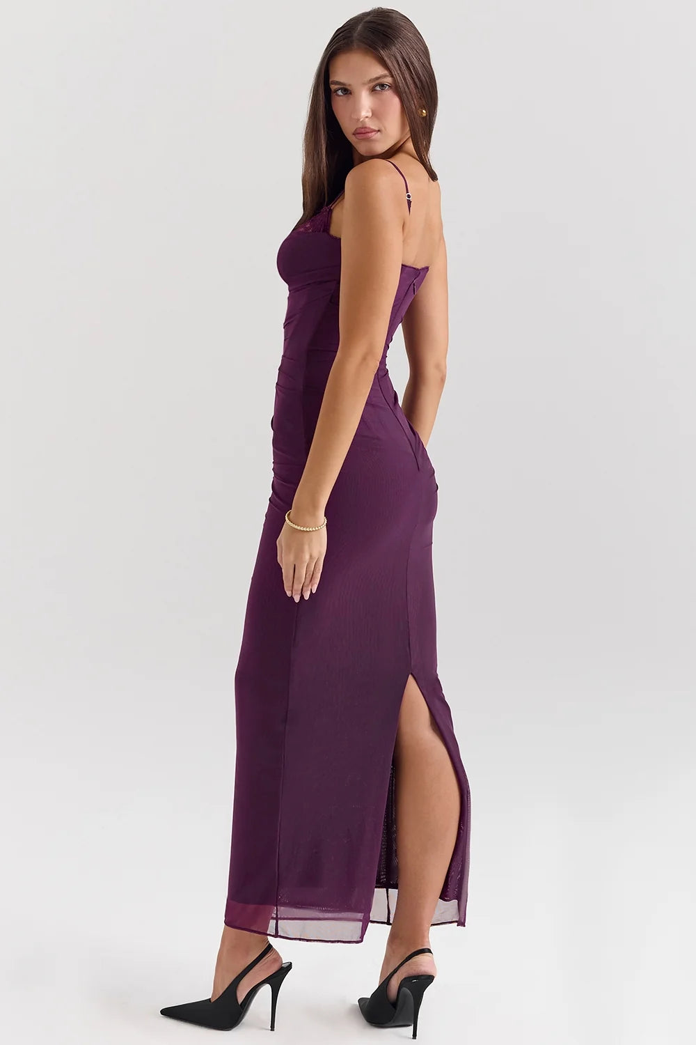 grape mesh corset maxi dress