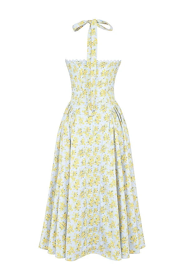 soft blue vintage floral print cotton halter sundress