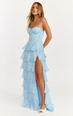 Bella Maxi Dress Strapless Corset Bodice Lace Up Back Tiered Ruffle Dress in Soft Blue