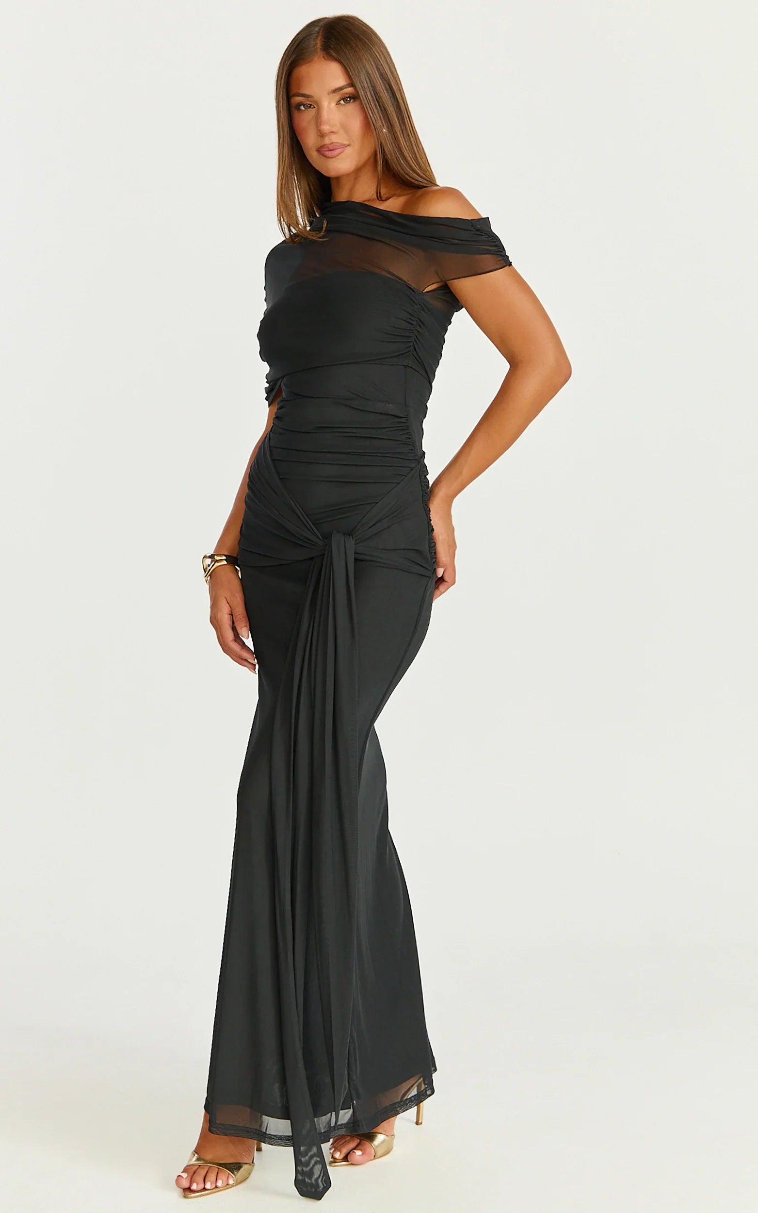 Nicolette Maxi Dress Cape Sleeve Off Shoulder Dress in Black