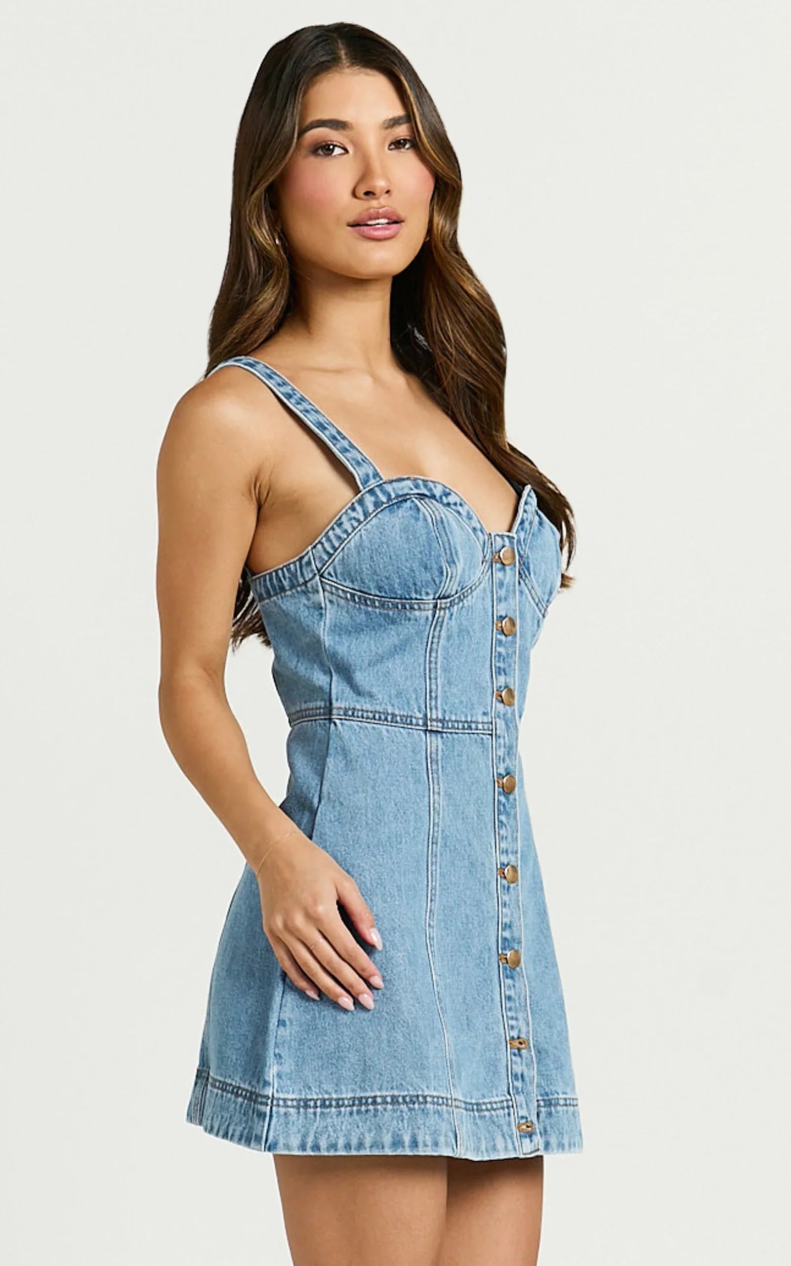 Alena Mini Dress Sweetheart Button Down Sleeveless Bodycon Denim Dress in Mid Blue Wash