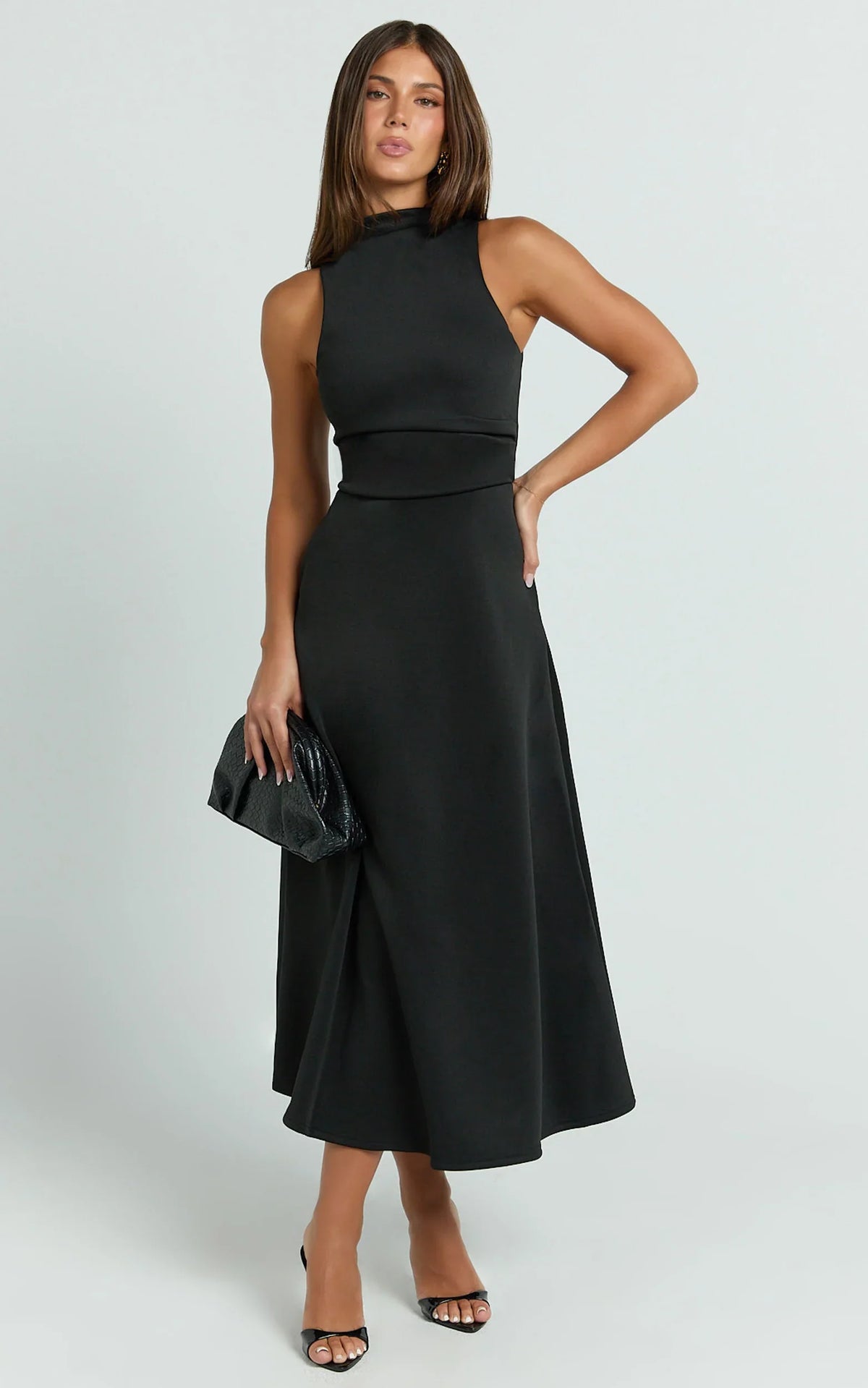 Macy Midi Dress High Neck A Line Dress in Black