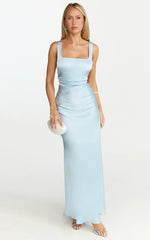 Rumi Midi Dress Rushed Bodiest Satin Dress in Pale Blue