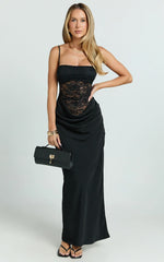 Rania Maxi Dress Contrast Lace Bodice Bias Cowl Drop Waist Dress in Black