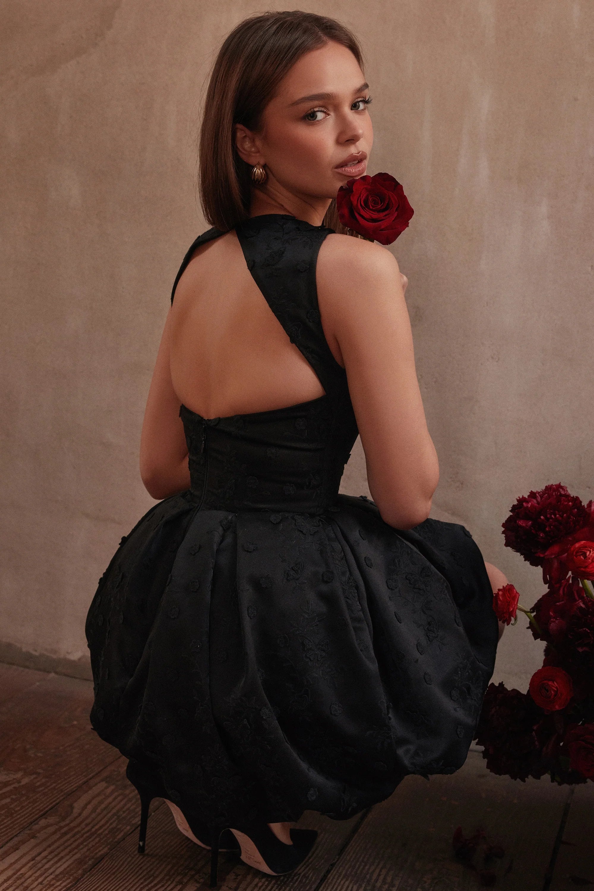 black backless embroidered mini puffball dress