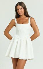 Aimee Mini Dress Scoop Neck Corset Gathered Dress in White