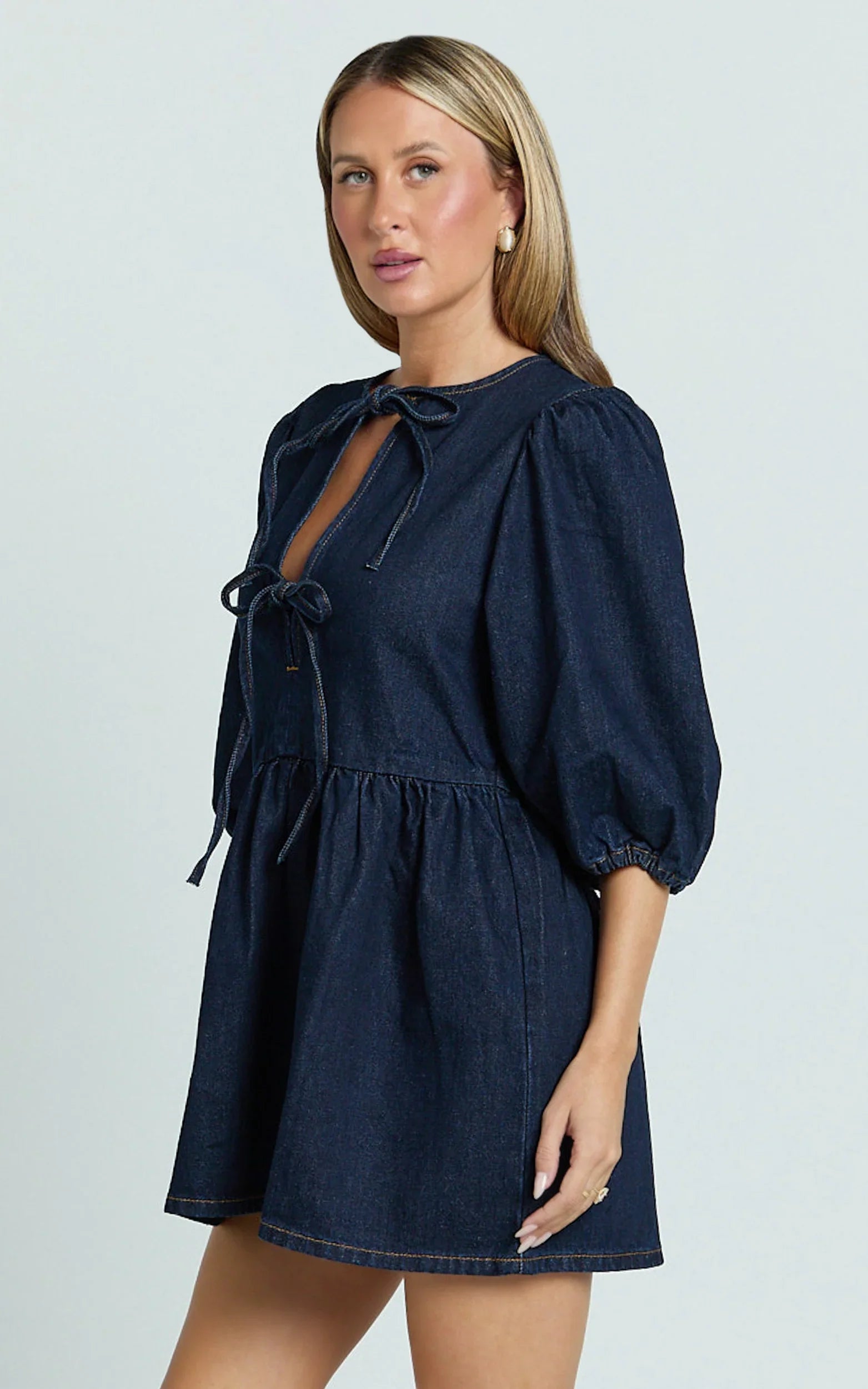 Shailene Mini Dress Tie Front Puff Sleeve Recycled Denim Dress in Raw Indigo