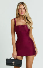 Beckett Mini Dress Square Neck Form Fitting Dress in Wine