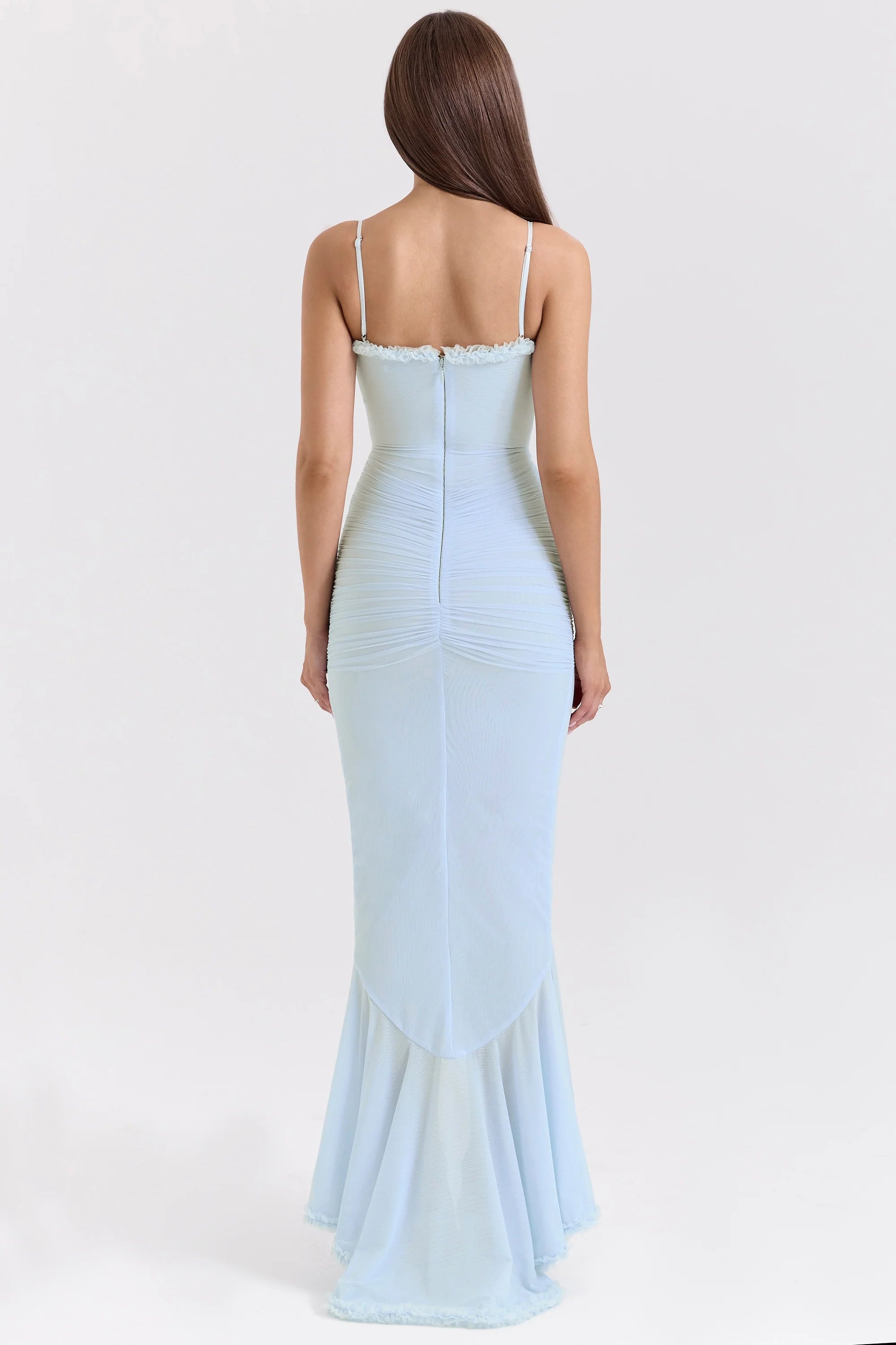 ice blue mesh ruffled front gown