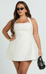 Dante Mini Dress Halter Neck Tie Tulip Skirt Dress in White Polkadot