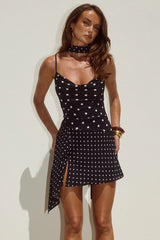 ALORA SCOOP NECK MINI DRESS BLACK WHITE POLKA