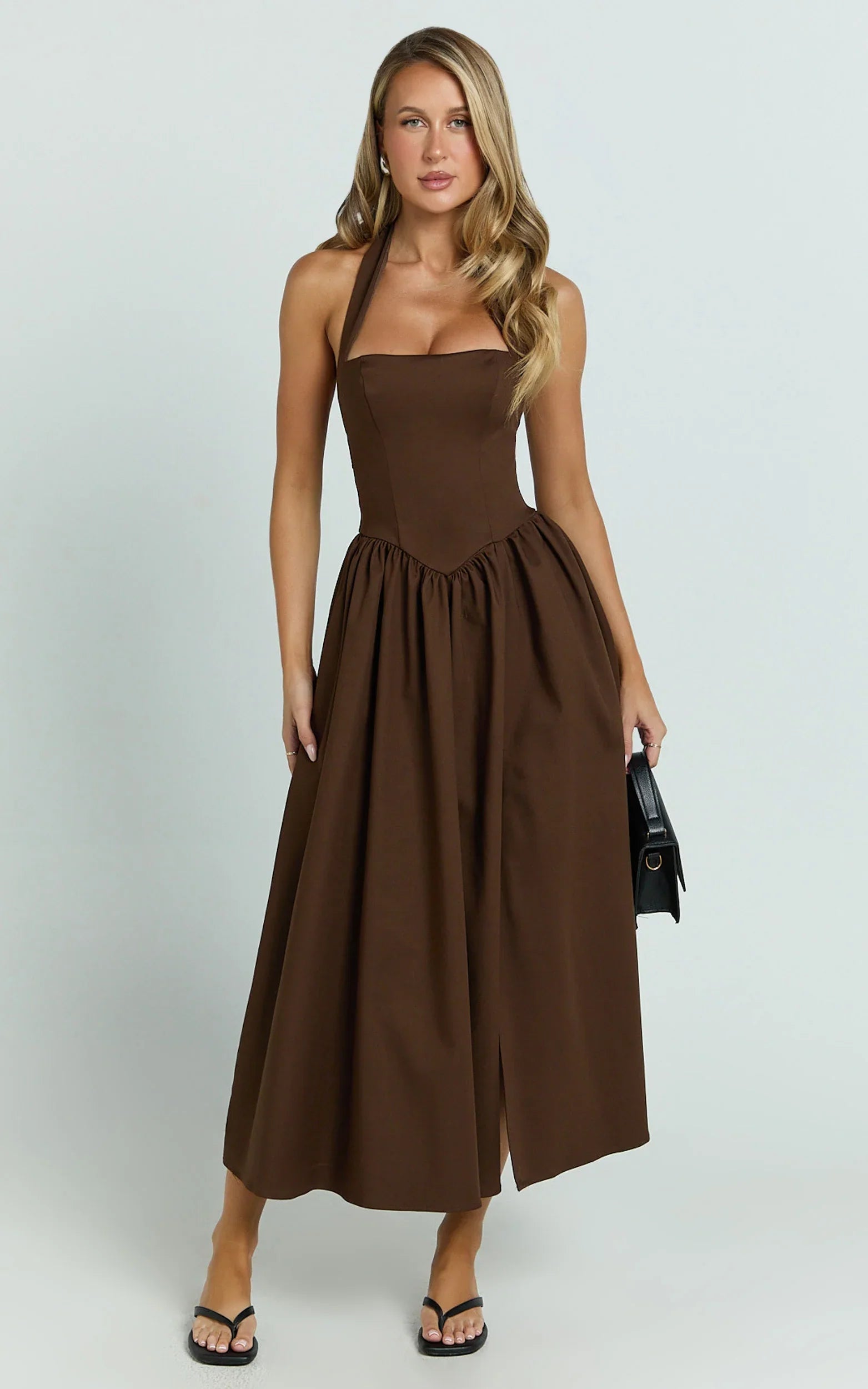 Helda Midi Dress Halter Tie Neck Corset Panel Dress in Chocolate
