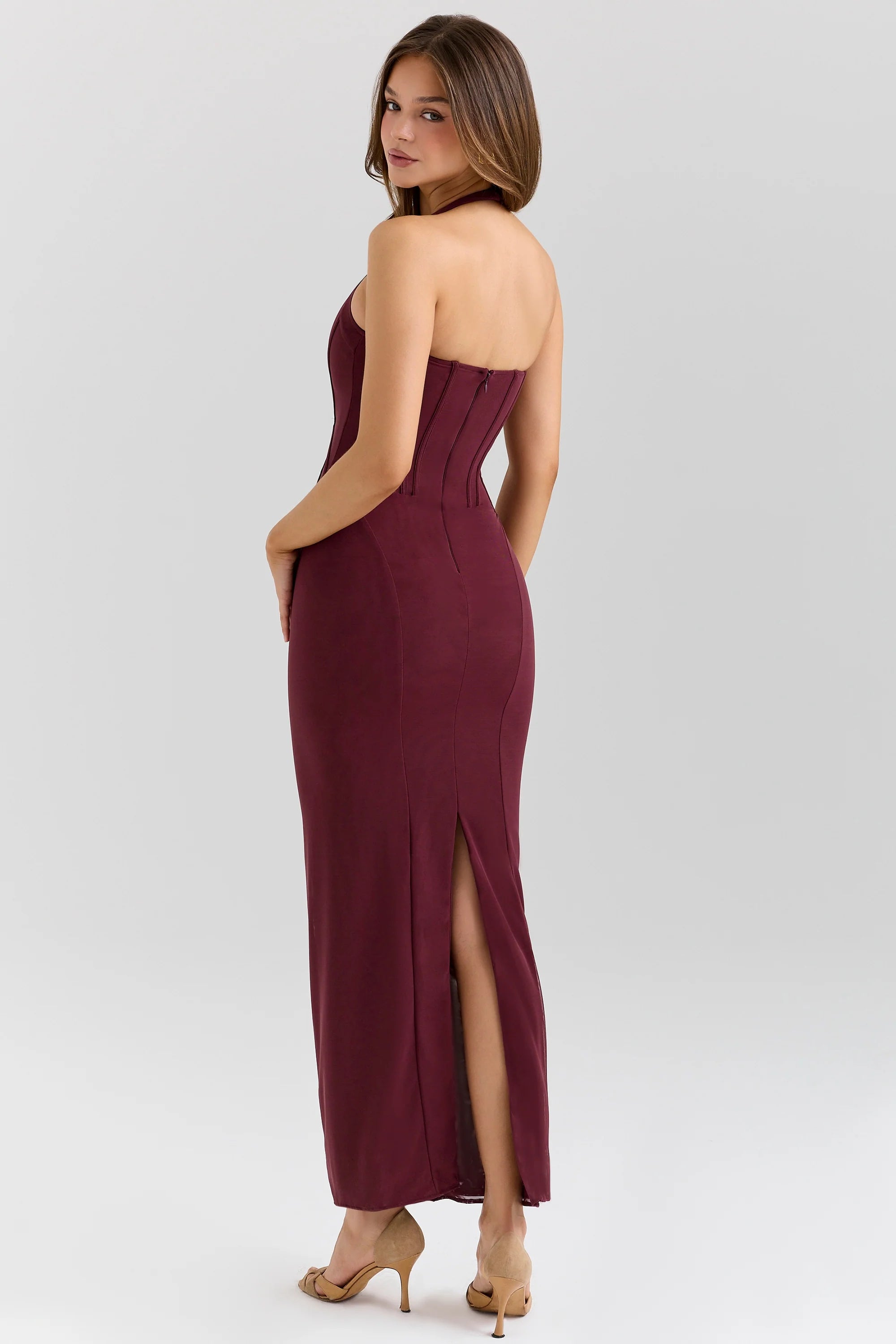 grape stretch mesh halter neck midi dress