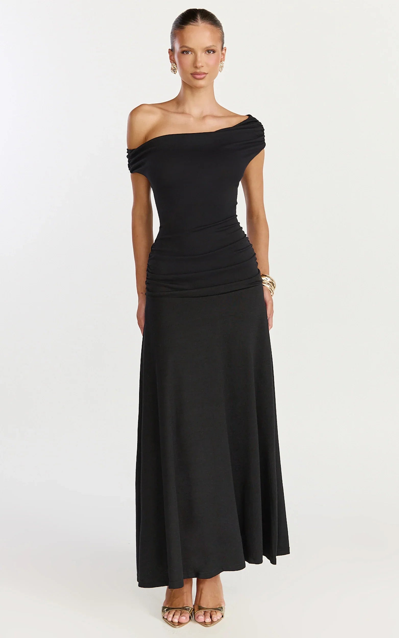 Ophelia Maxi Dress Off Shoulder Ruched Fit And Flare Dress in Black
