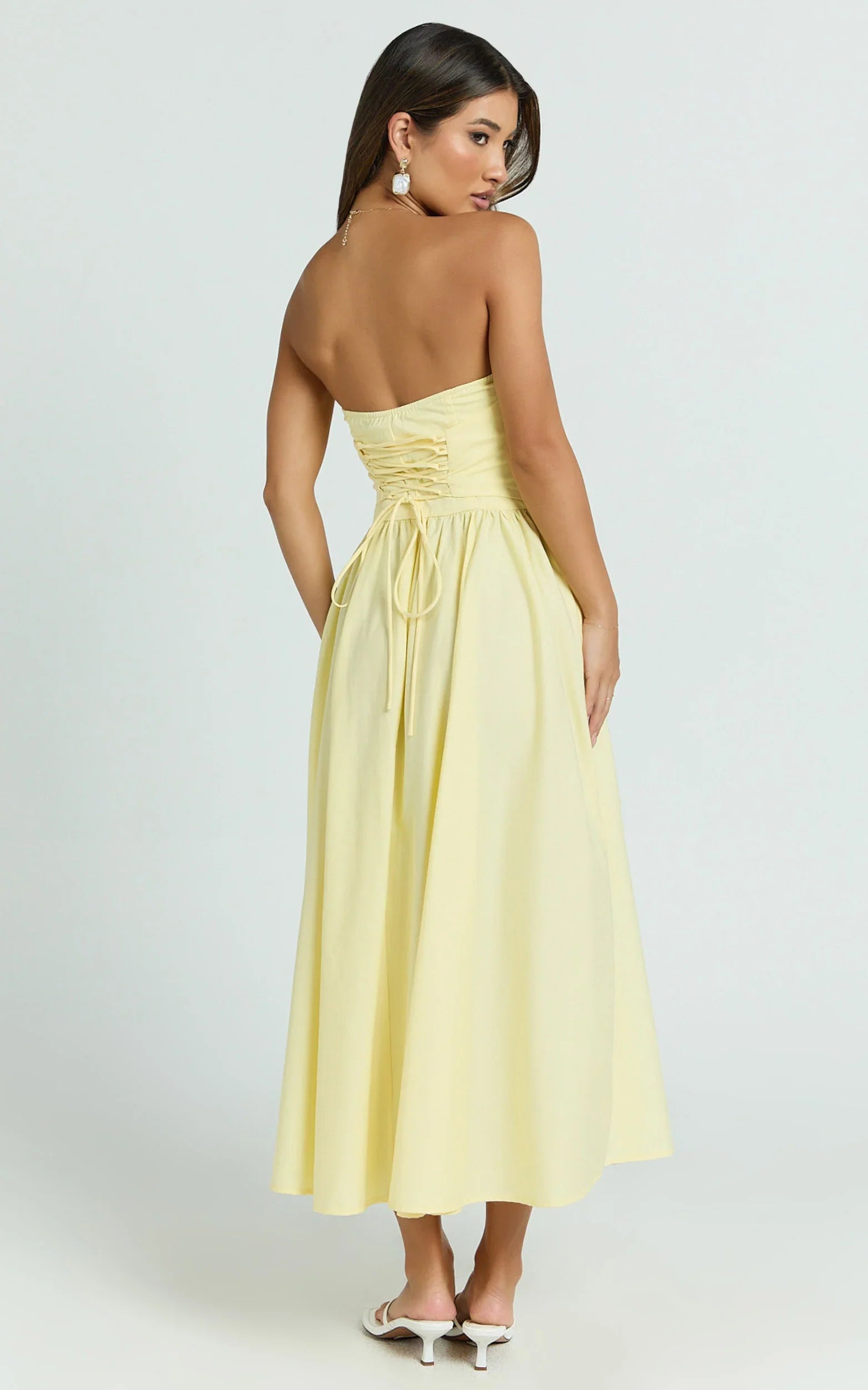 Daria Midi Dress Strapless Corset Gathered Dress in Lemon