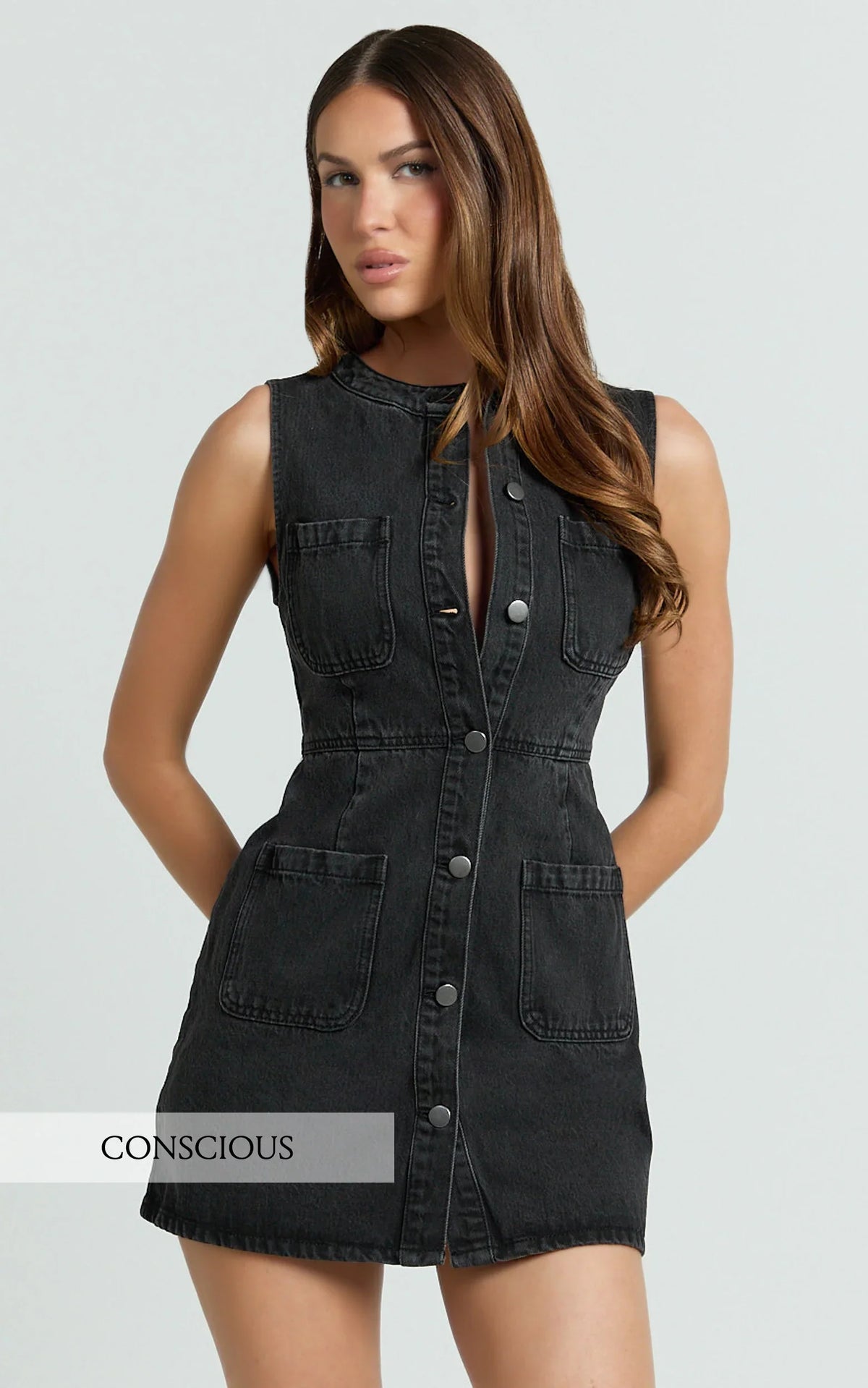 Stephanie Mini Dress Scoop Neck Pocket Detail Recycled Denim Dress in Washed Black