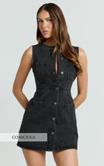 Stephanie Mini Dress Scoop Neck Pocket Detail Recycled Denim Dress in Washed Black
