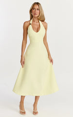 Leilani Midi Dress Plunge Neck Hardware Fit and Flare Dress in Lemon