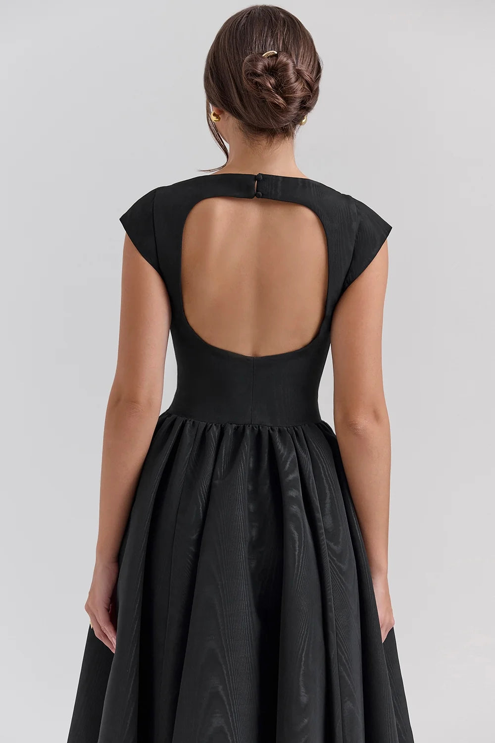 black moire satin backless midi dress