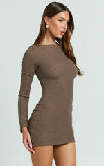 Brenda Mini Dress Boat Neck Rib Knit Bodycon Dress in Mocha