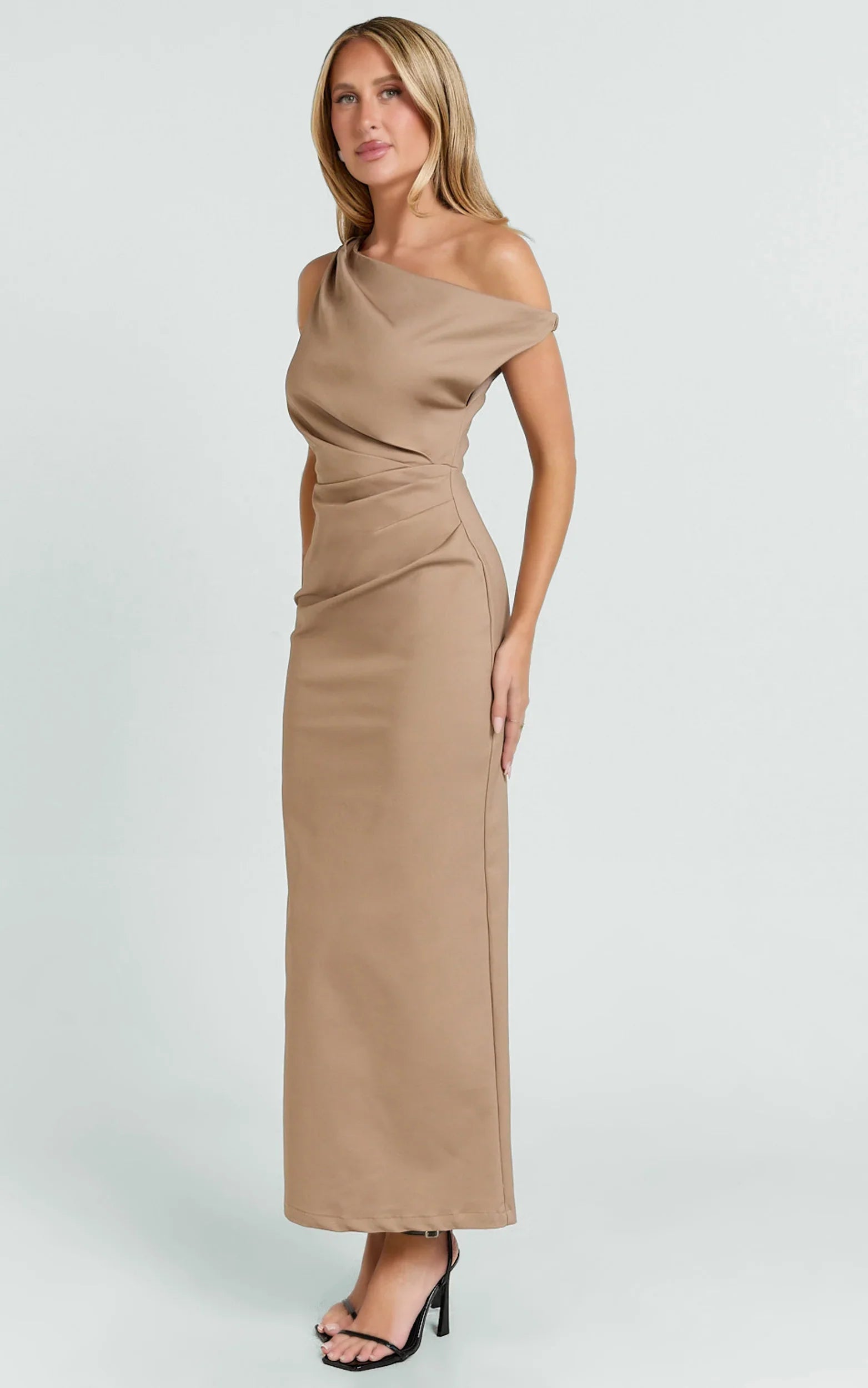 Alexandria Midi Dress Tip Shoulder Draped Fitted Dress in Mocha