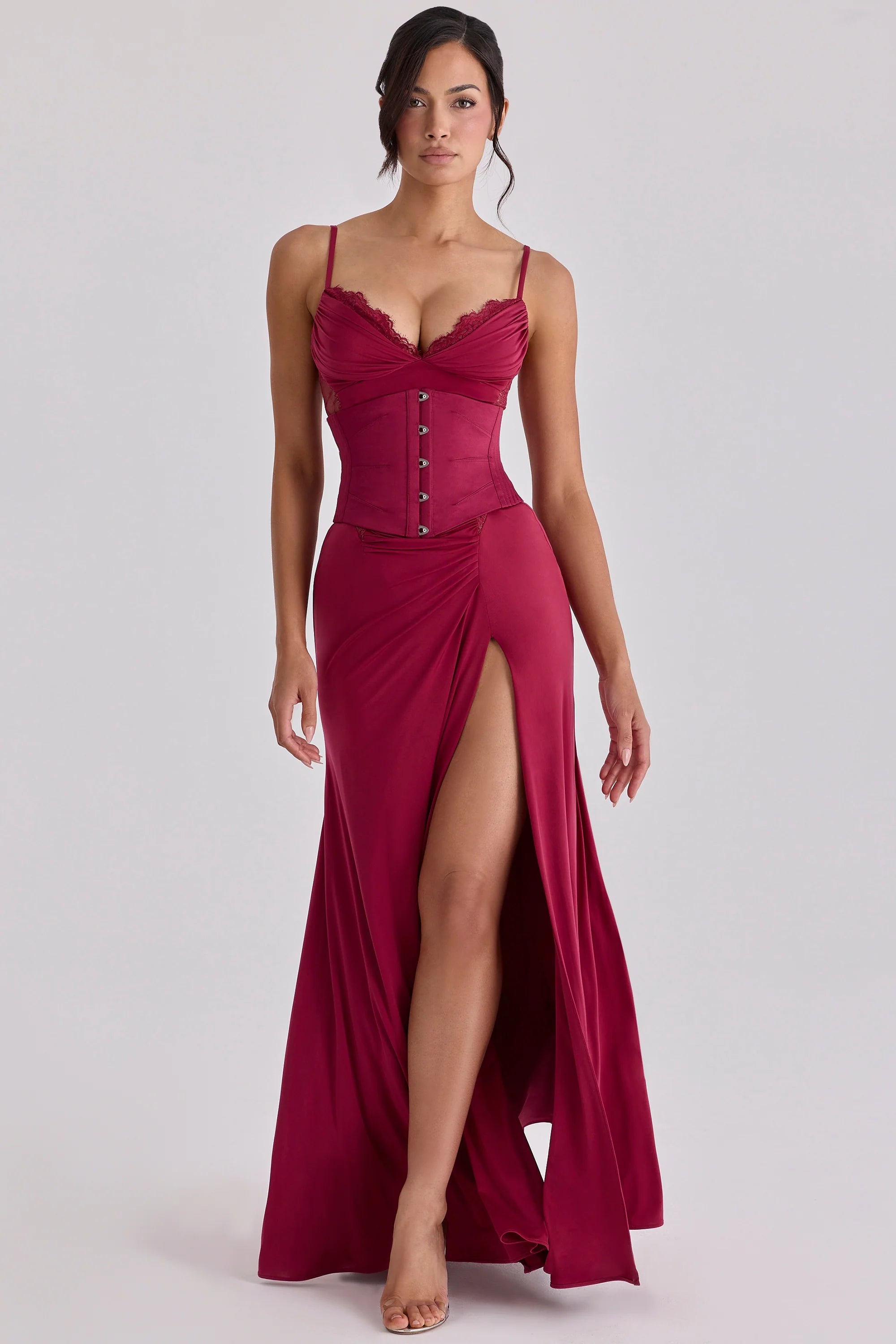 wine lace trim maxi dress corset