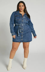 Enriquetta Mini Dress Cotton Denim Long Sleeve Button Up Dress in Blue