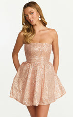 Hana Mini Dress Strapless Fit And Flare Sequin Dress in Rose Gold