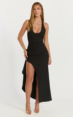 Lani Midi Dress Scooped Neckline Draped Skirt Halter Dress in Black
