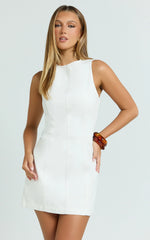 Olenna Mini Dress High Neck Fitted Denim Dress in Ecru