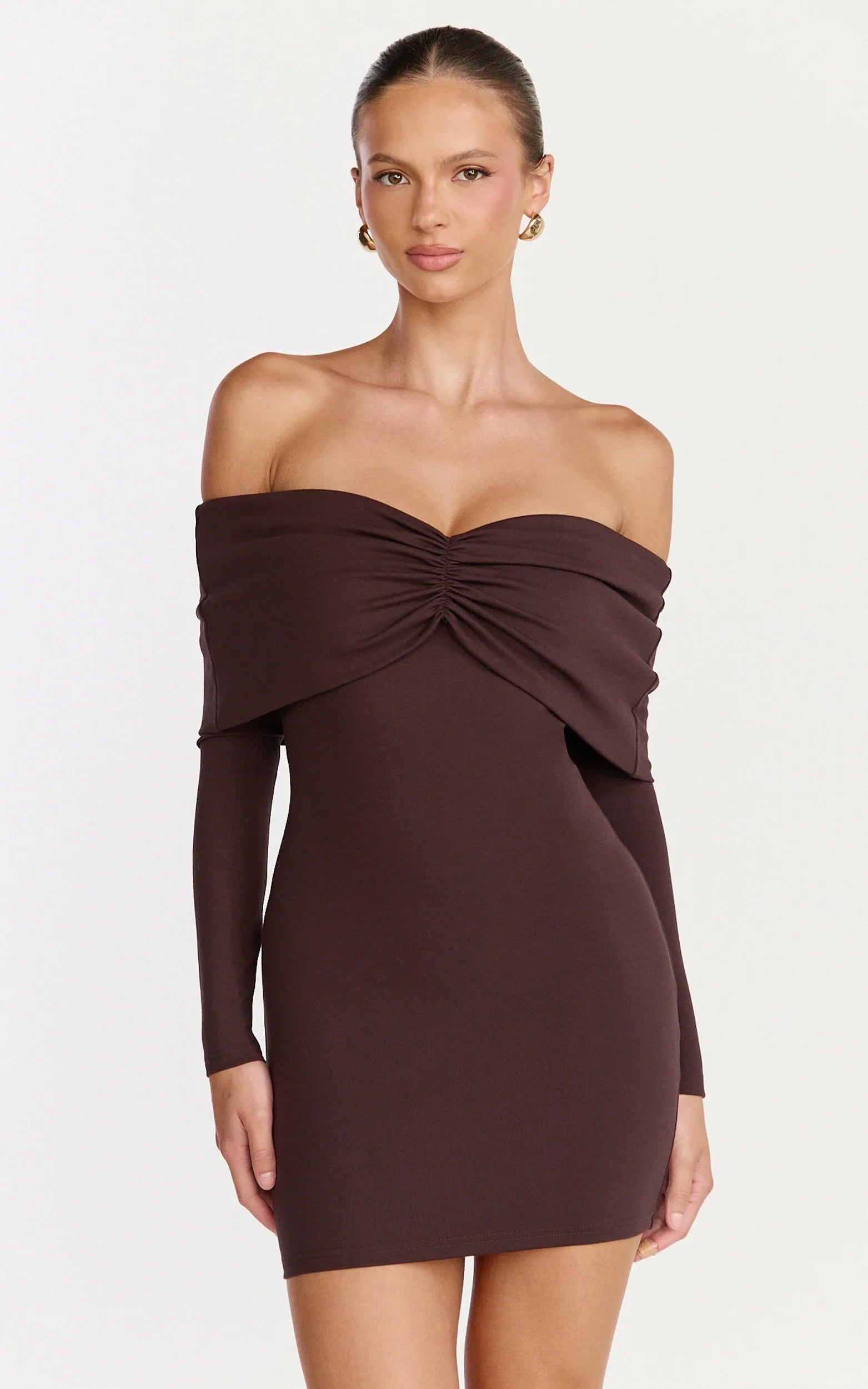 Rani Mini Dress Off Shoulder Long Sleeve Bodycon Dress in Chocolate