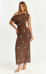 Cia Maxi Dress Tipped Shoulder Linen Polkadot Dress in Chocolate