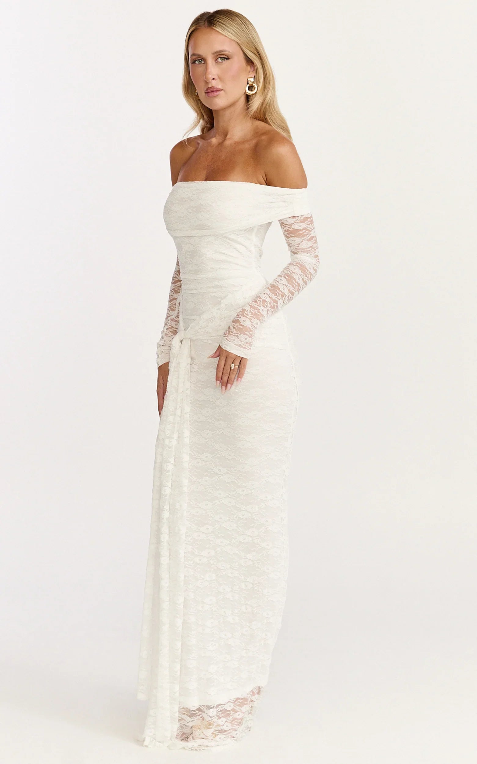 Melville Maxi Dress Off Shoulder Long Sleeve Lace Dress in White