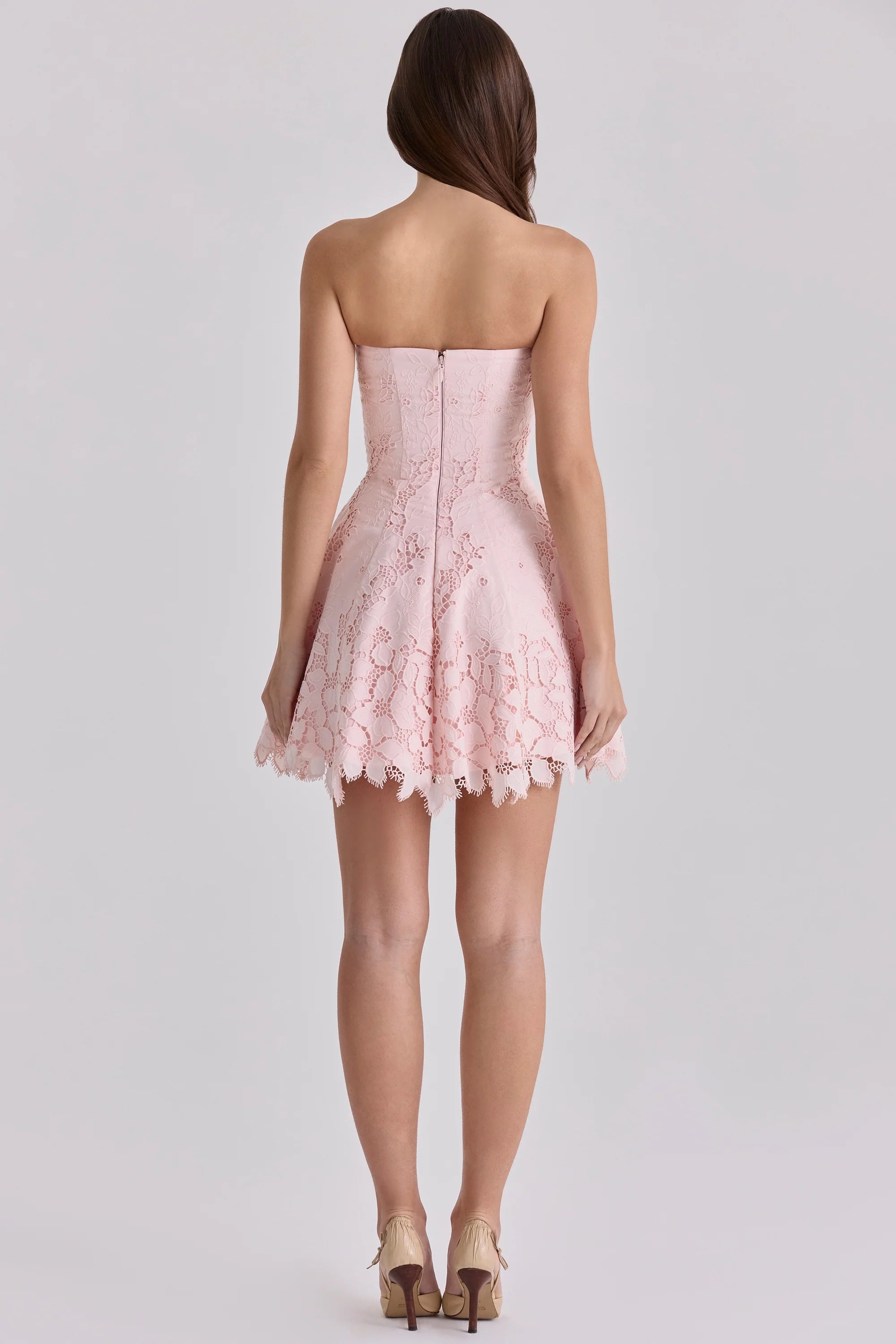 pink strapless cut out broderie anglaise mini dress