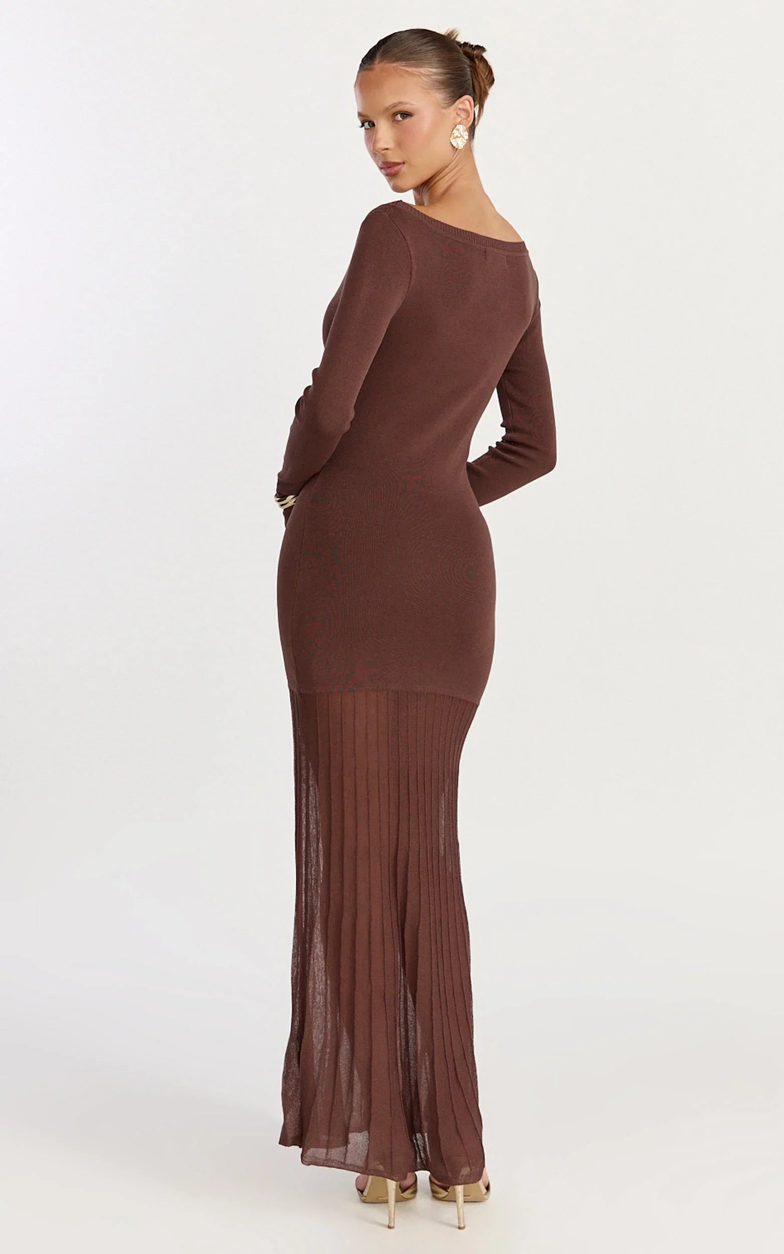 Delphine Maxi Dress Long Sleeve Knit Sheer Pleated Skirt Maxi Dress in Chocolate