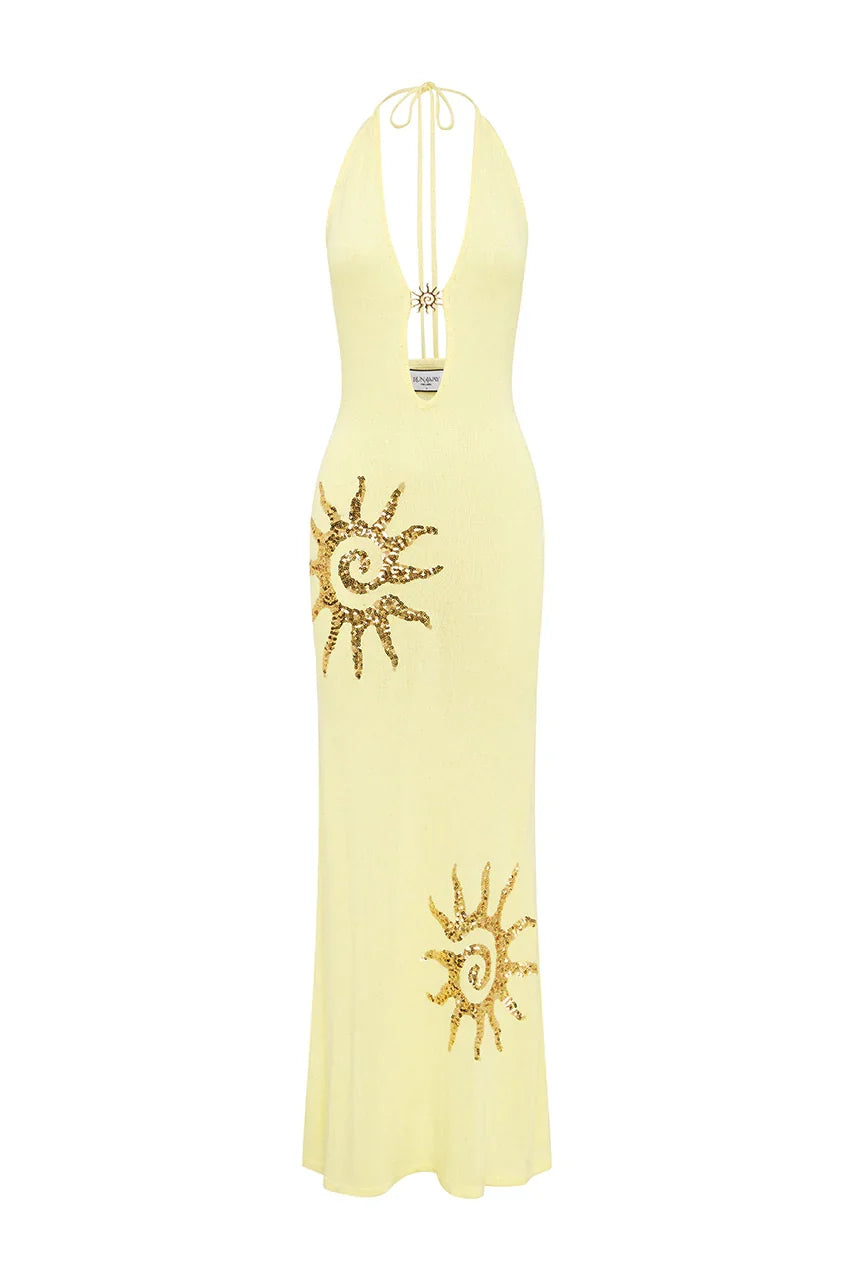 SABRINA HALTER KNIT MAXI DRESS LEMON
