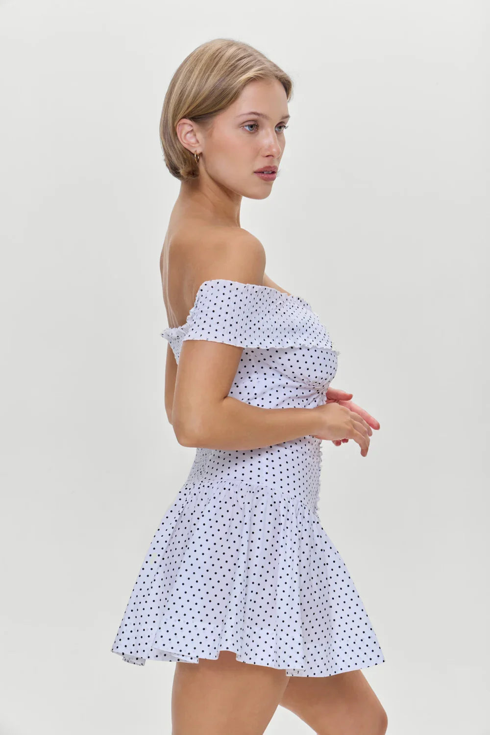 Mae Off Shoulder Mini Dress White Polka Dot
